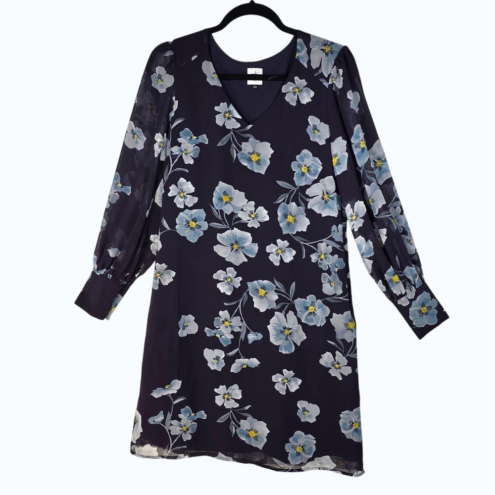 Cabi Navy Blue Floral V-Neck Shift Dress Long Blouson Sleeve Womens Small Boho